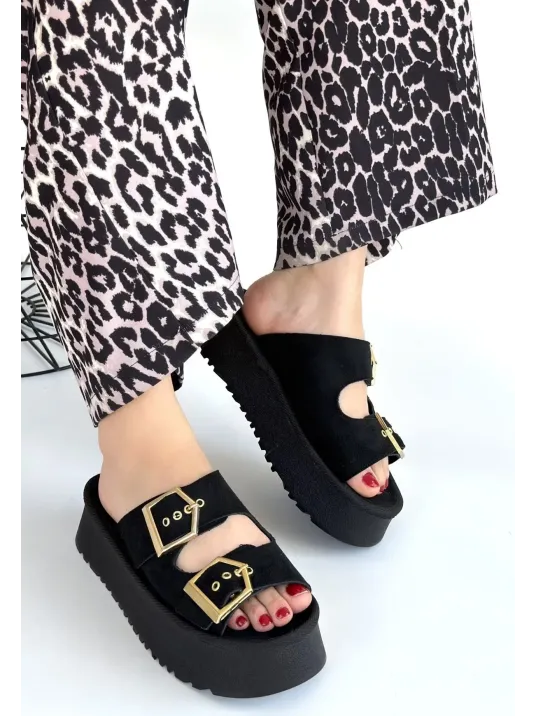 Coer Siyah Süet Çift Tokalı Terlik