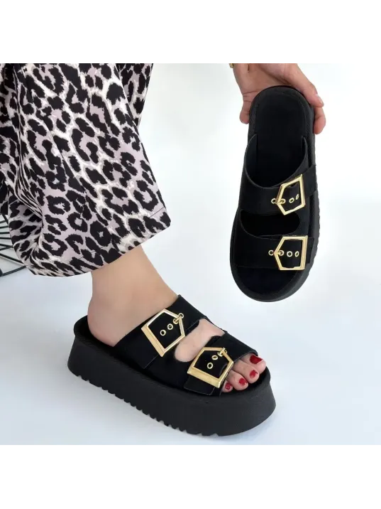 Coer Siyah Süet Çift Tokalı Terlik