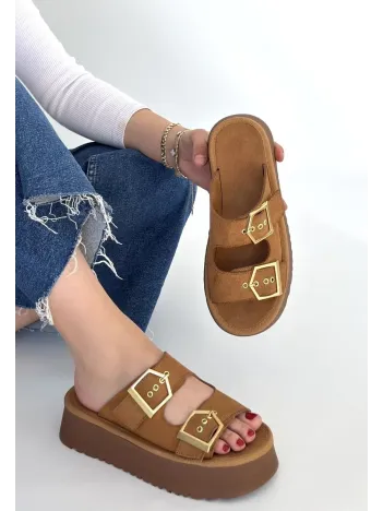 Coer Taba Süet Çift Tokalı Terlik