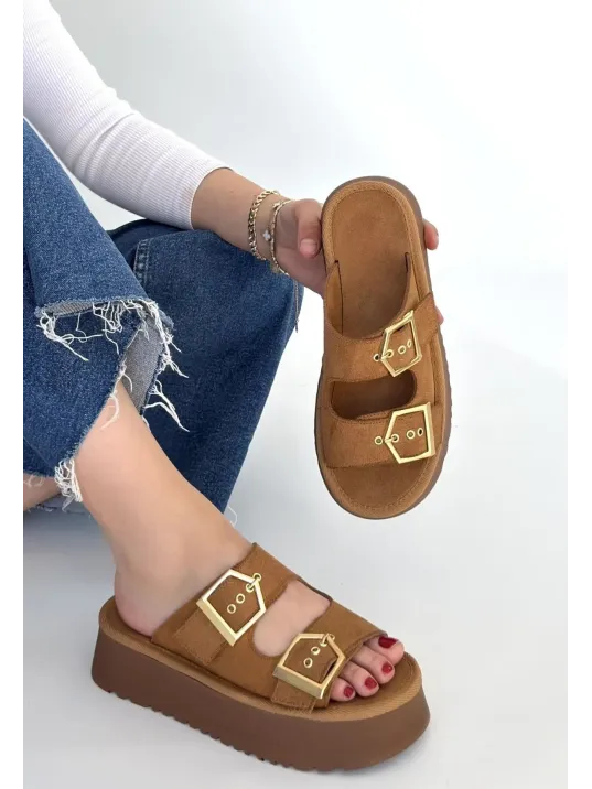 Coer Taba Süet Çift Tokalı Terlik