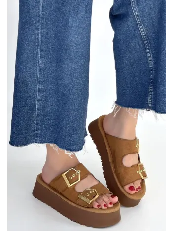 Coer Taba Süet Çift Tokalı Terlik