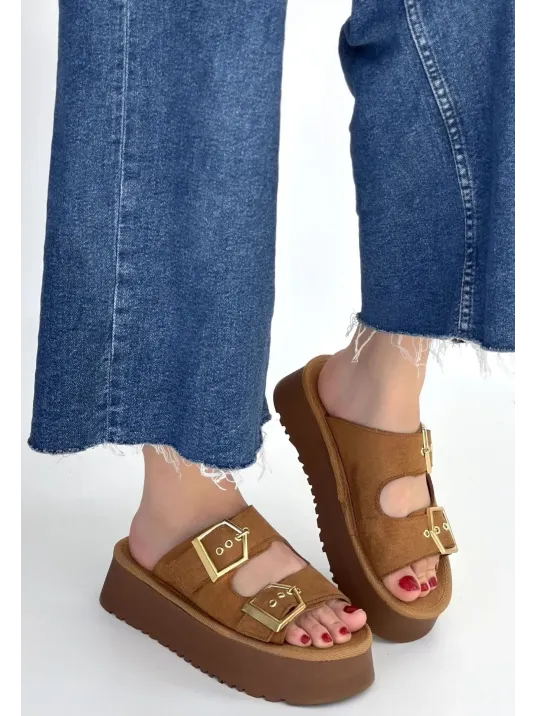 Coer Taba Süet Çift Tokalı Terlik