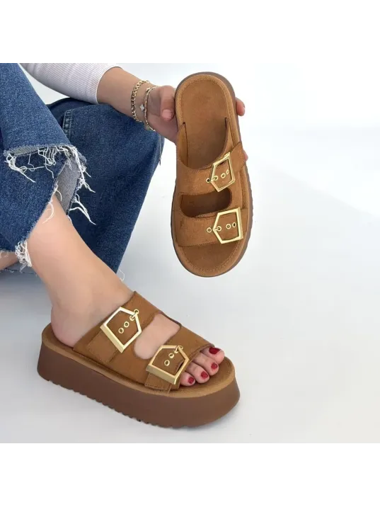 Coer Taba Süet Çift Tokalı Terlik