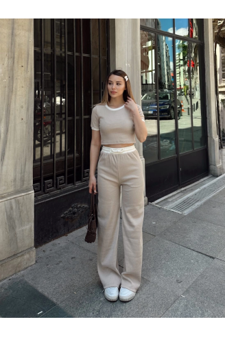 Crop pantolon biyeli takım bej