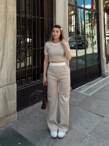 Crop Pantolon Biyeli Takım Bej