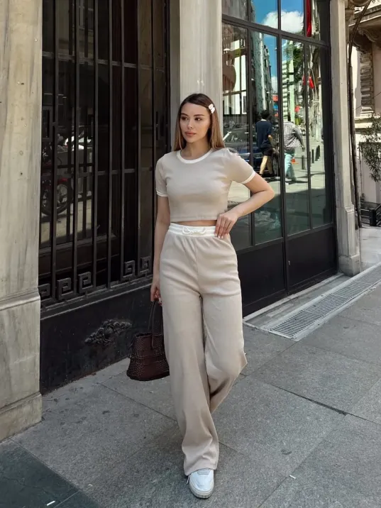 Crop Pantolon Biyeli Takım Bej