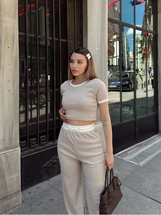 Crop Pantolon Biyeli Takım Bej