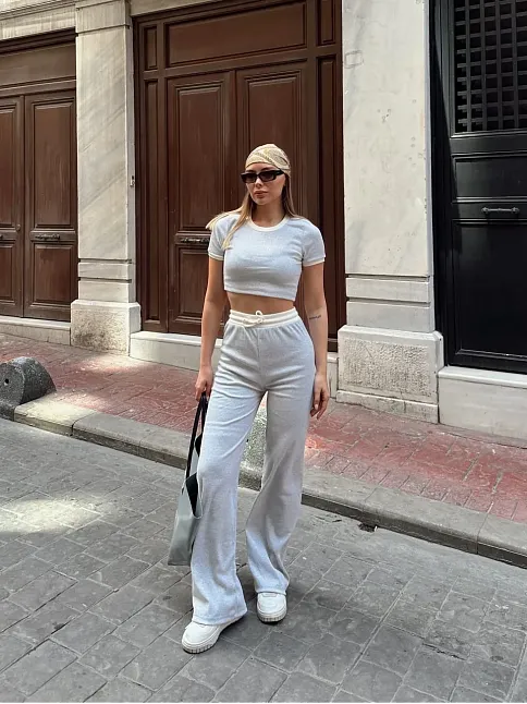 Crop Pantolon Biyeli Takım Gri