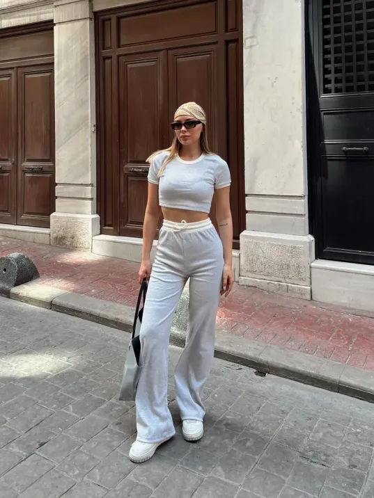 Crop Pantolon Biyeli Takım Gri