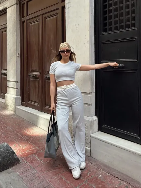 Crop Pantolon Biyeli Takım Gri
