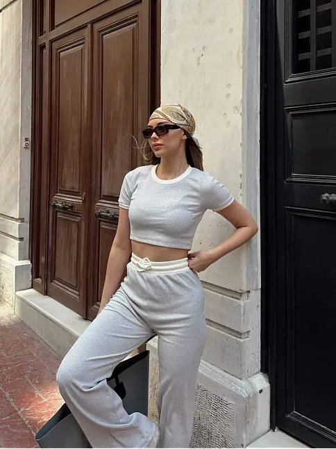 Crop Pantolon Biyeli Takım Gri