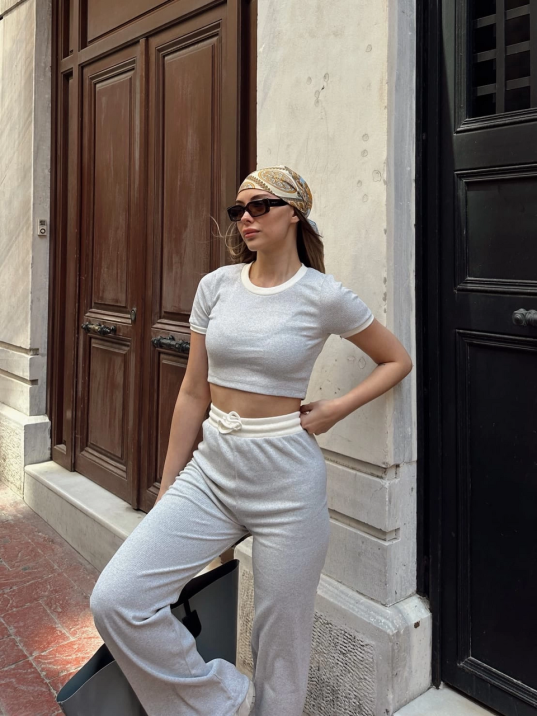 Crop pantolon biyeli takım gri