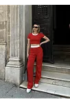 Crop Pantolon Biyeli Takım Kırmızı