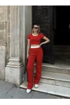 Crop Pantolon Biyeli Takım Kırmızı