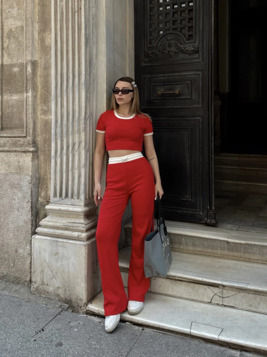 Crop Pantolon Biyeli Takım Kırmızı