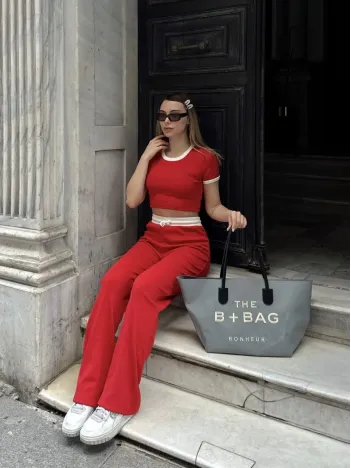 Crop Pantolon Biyeli Takım Kırmızı