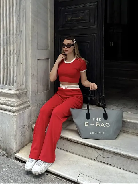 Crop Pantolon Biyeli Takım Kırmızı