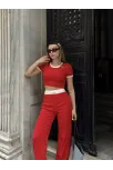 Crop Pantolon Biyeli Takım Kırmızı