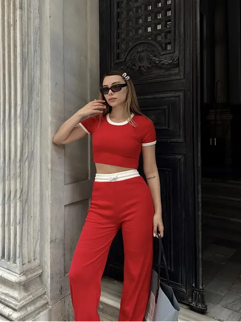 Crop Pantolon Biyeli Takım Kırmızı