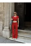 Crop Pantolon Biyeli Takım Kırmızı