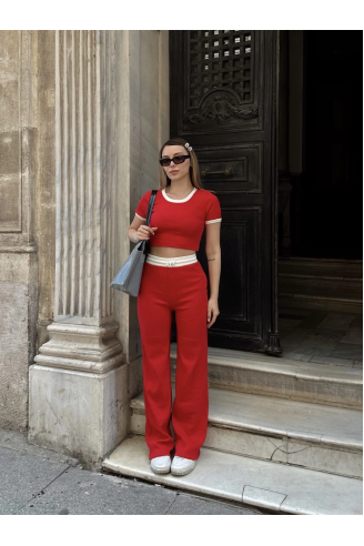 Crop pantolon biyeli takım kırmızı
