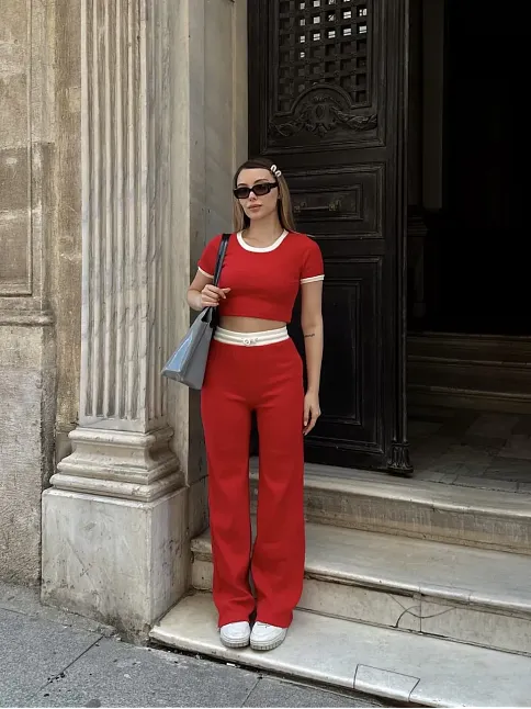 Crop Pantolon Biyeli Takım Kırmızı