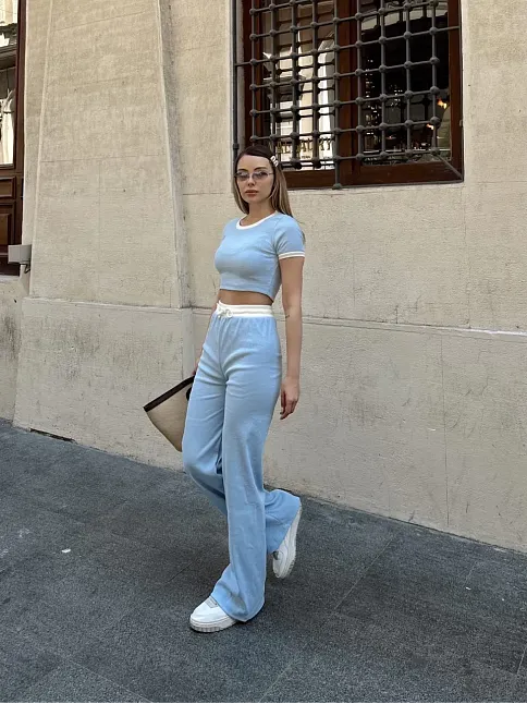 Crop Pantolon Biyeli Takım Mavi