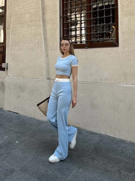 Crop Pantolon Biyeli Takım Mavi