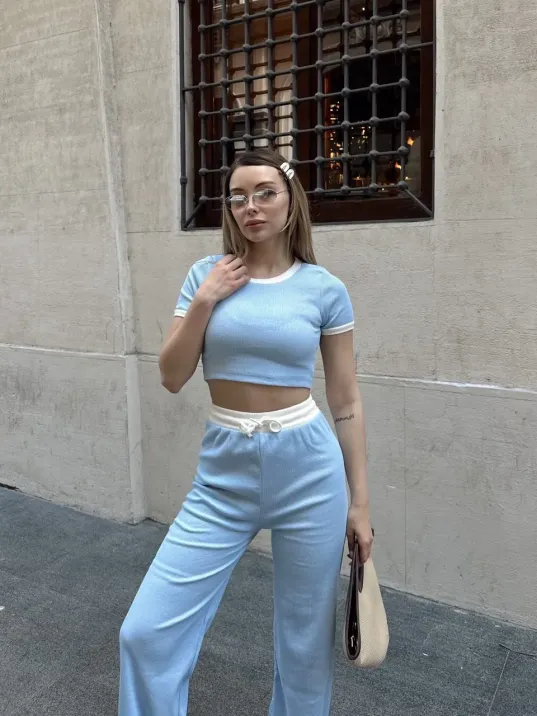 Crop Pantolon Biyeli Takım Mavi