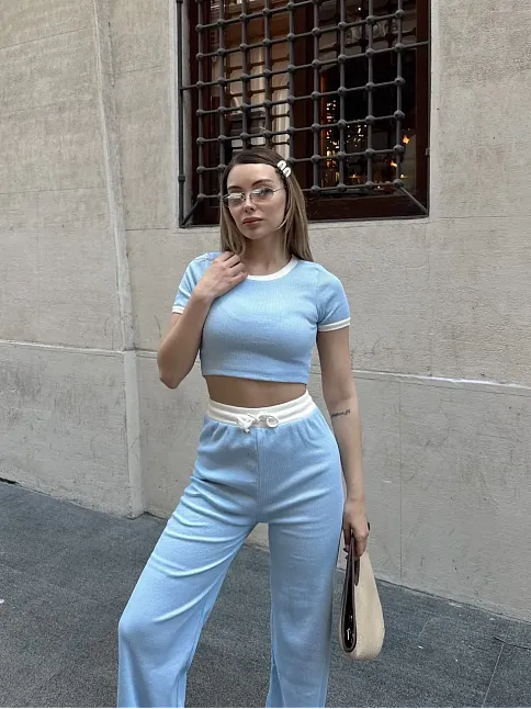 Crop Pantolon Biyeli Takım Mavi