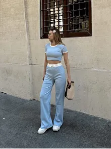 Crop Pantolon Biyeli Takım Mavi