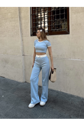 Crop pantolon biyeli takım mavi