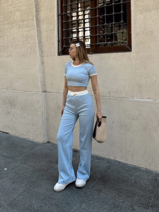 Crop pantolon biyeli takım mavi