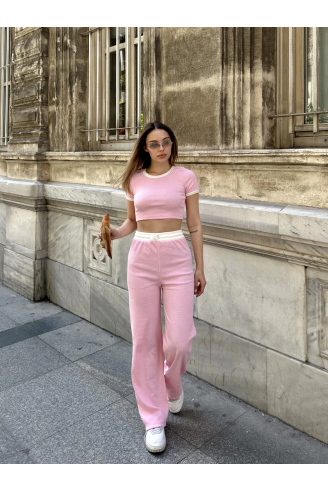 Crop pantolon biyeli takım pembe