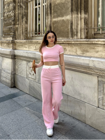 Crop pantolon biyeli takım pembe