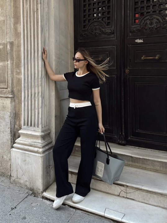 Crop pantolon biyeli takım siyah