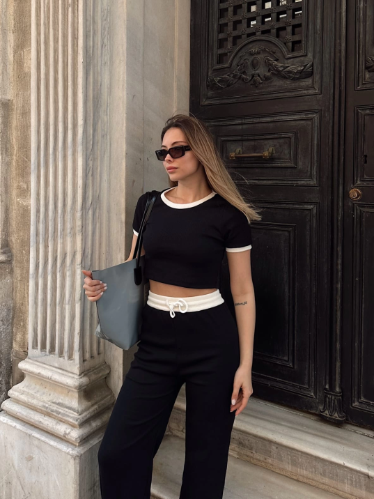 Crop pantolon biyeli takım siyah