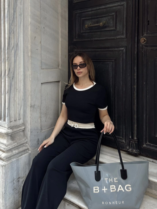 Crop Pantolon Biyeli Takım Siyah Crop Pantolon Biyeli Takım Siyah