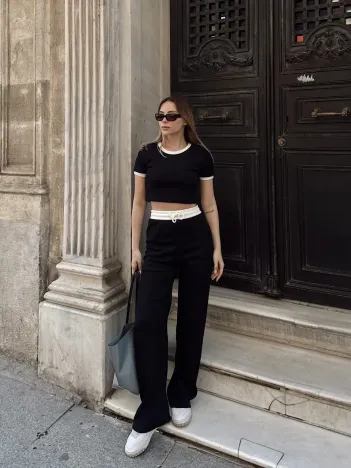 Crop Pantolon Biyeli Takım Siyah