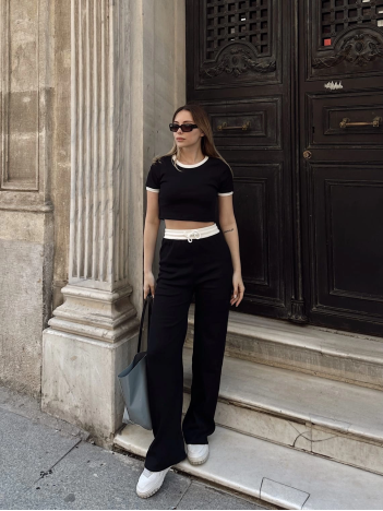 Crop pantolon biyeli takım siyah