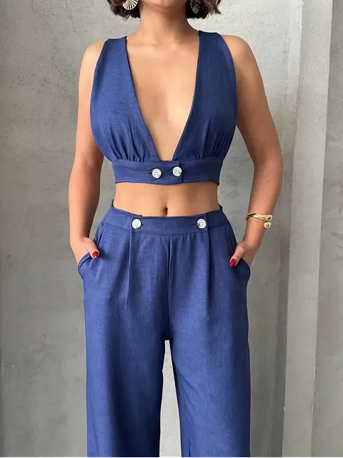 Crop Pantolon Keten Takım S255012