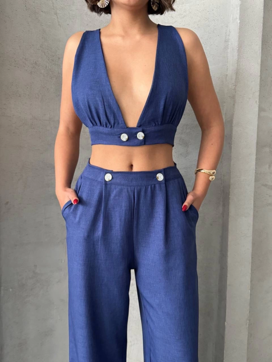 Crop pantolon keten takım s255012