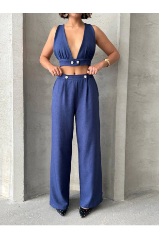 Crop pantolon keten takım s255012