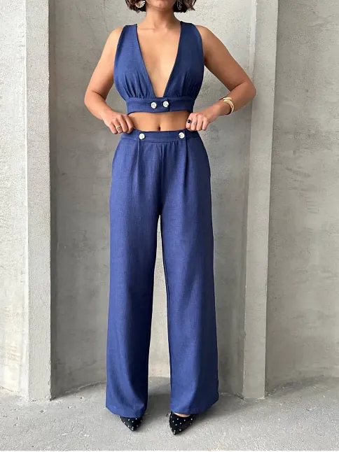 Crop Pantolon Keten Takım S255012