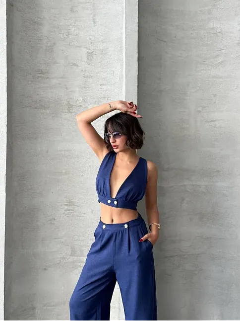 Crop Pantolon Keten Takım S255012