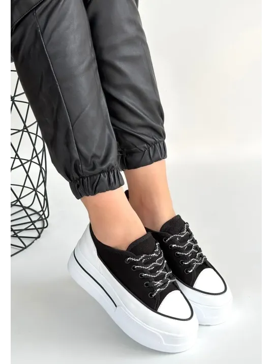 Dalen Siyah Keten Bağcıklı Spor Ayakkabı