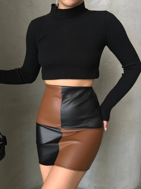 Damalı deri etek siyah kahve w24648 Damalı deri etek siyah kahve w24648