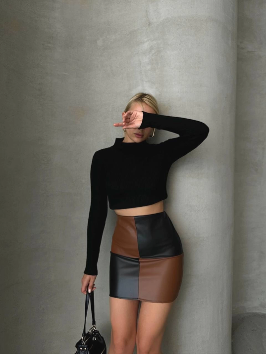 Damalı deri etek siyah kahve w24648 Damalı deri etek siyah kahve w24648