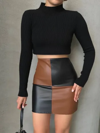 Damalı Deri Etek Siyah Kahve W24648