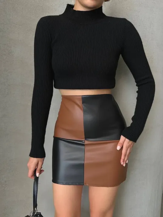 Damalı Deri Etek Siyah Kahve W24648